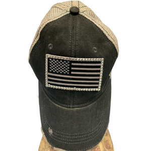 Rhino Embroidered American Flag Rhinestones‎ Distressed Trucker Hat